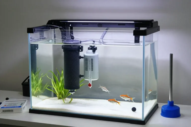 Acuario de cuarentena con filtro de espuma, calentador, termómetro y peces en agua clara. Al lado hay kits de prueba de agua y una bomba de succión.