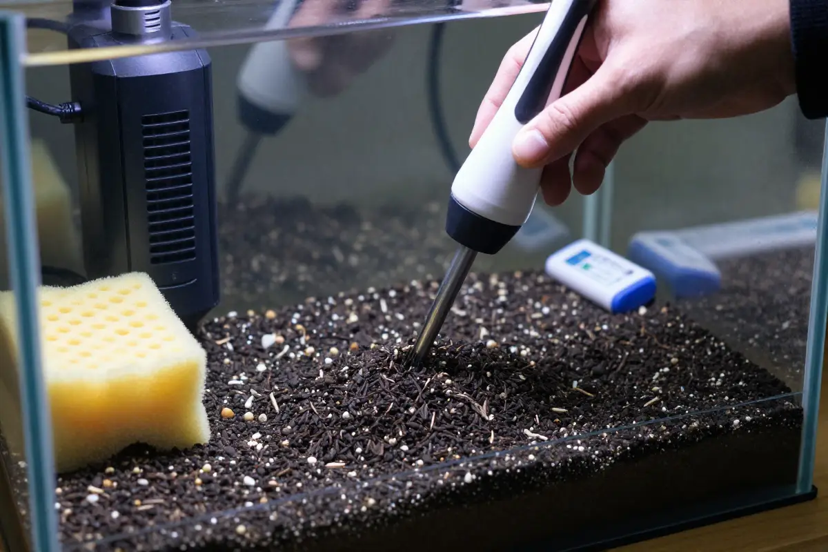 Persona colocando sustrato en acuario nuevo con filtro de espuma, calorífico y kit de prueba de pH en fondo