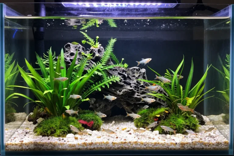 Guía completa para montar un acuario para gambas: Todo lo que necesitas saber 9 Acuario con gambas Neocaridina en agua clara, sustrato de arena y grava, vegetación acuática y filtro de espuma en funcionamiento