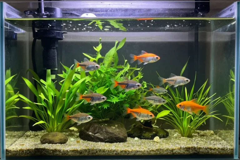 Cómo cuidar peces de agua fría: Guía completa para principiantes 8 Acuario con peces de agua fría, plantas acuáticas y sistema de filtración funcionando, mostrando un ecosistema equilibrado