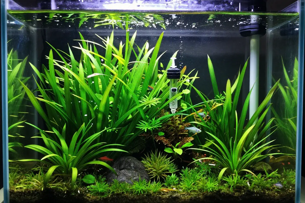 Acuario con vegetación densa, burbujas de CO2 ascendiendo desde un difusor, peces nadando y luz que resalta las plantas