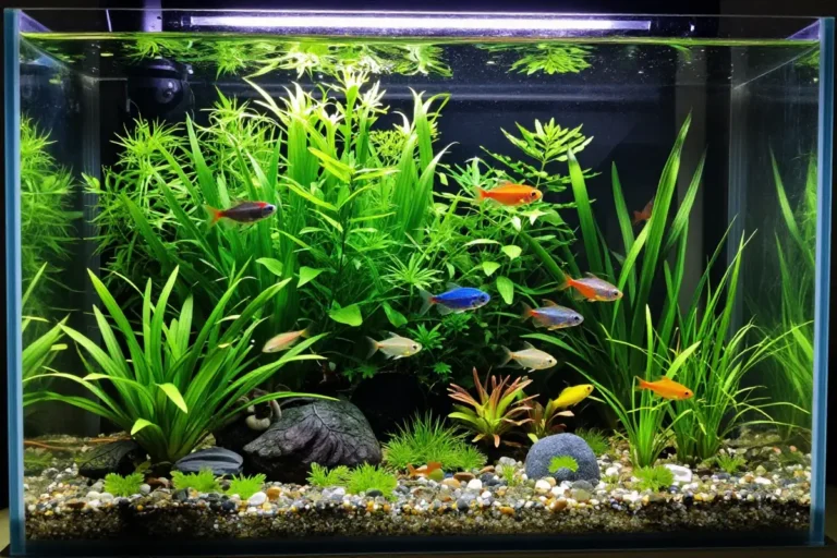 Acuario plantado con vegetación densa, peces de colores vivos y elementos decorativos que forman un ecosistema equilibrado