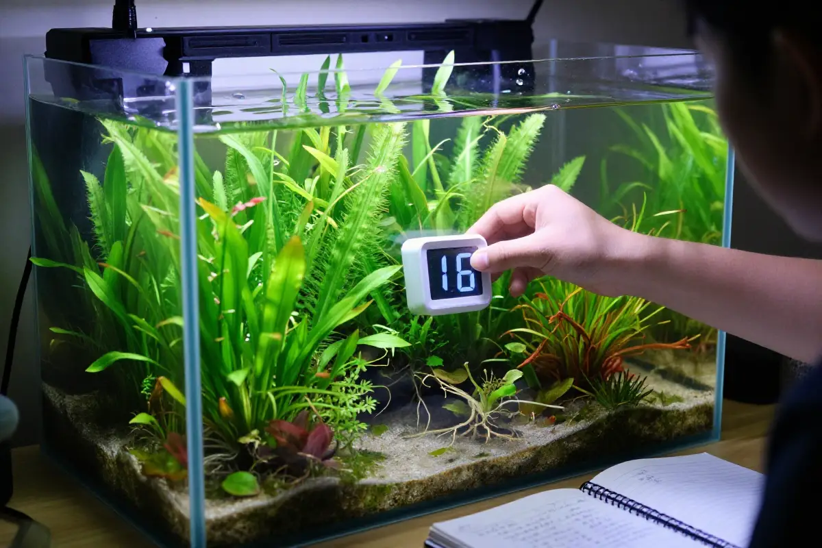 Persona ajustando el tiempo de iluminación en un acuario con plantas densas y notas sobre duración de luz