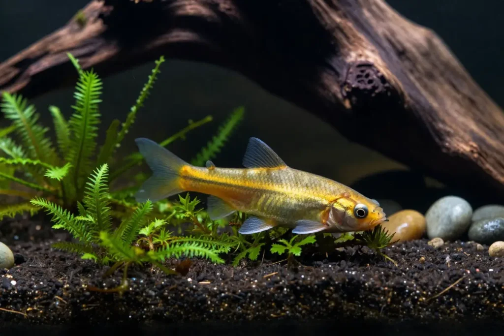 Ancistrus Gold nadando en un acuario con vegetación, piedras y raíces de árbol, mostrando su comportamiento de limpieza en un entorno natural