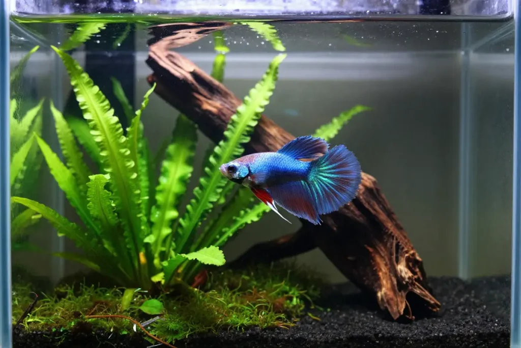 pez betta splendens nadando en pecera tropical con plantas java, musgo y raices de druida, fondo de arena oscura y luz blanca suave