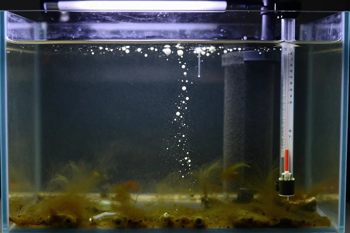 Fase de introducción de amoníaco en un acuario. Tabletas de amoníaco disolviéndose en agua oscura. Colonias bacterianas en el filtro y termómetro a 24 grados. Fondo con filtro de espuma y piedras de aeración.