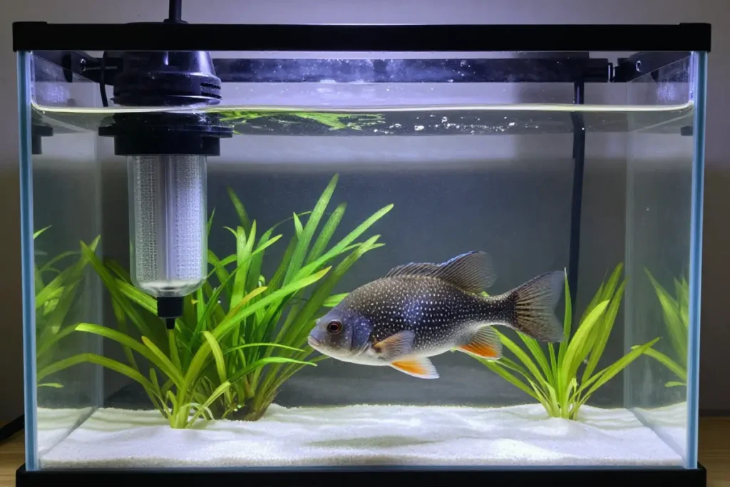 Acuario de cuarentena con calentador, filtro y medicación en el agua mostrando un pez con manchas blancas en tratamiento