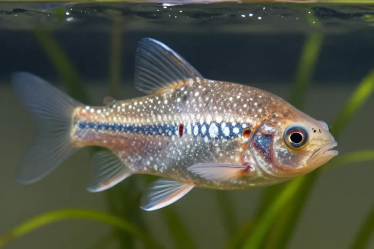 Pez discus con manchas blancas en la piel y branquias debido al parásito Ichthyophthirius multifiliis en un acuario de agua dulce