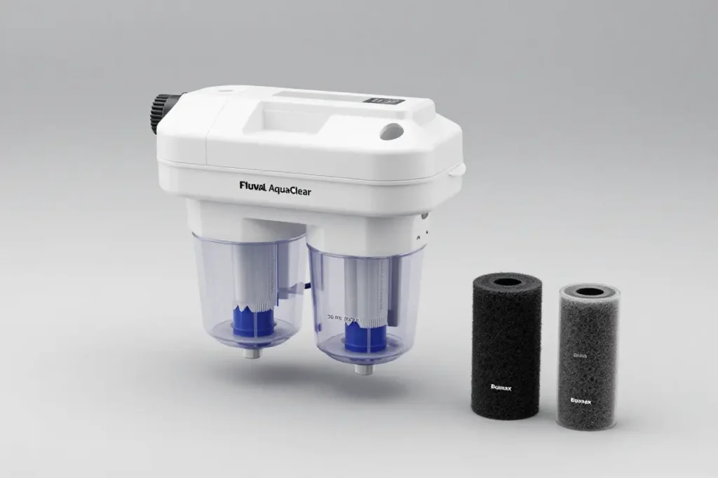 Filtro Fluval AquaClear AC70 en blanco y negro sobre fondo neutro, mostrando su diseño modular con cuatro etapas de filtración: esponja 30 PPI, bioespuma 30 PPI, biomax y carbón activo. Detalles de ingeniería visible en el cuerpo de plástico ABS resistente.