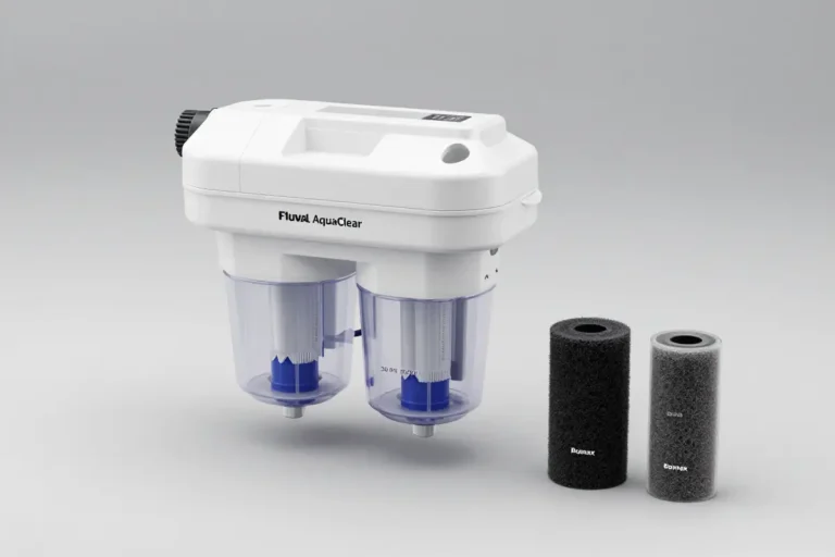 Filtro Fluval AquaClear AC70 en blanco y negro sobre fondo neutro, mostrando su diseño modular con cuatro etapas de filtración: esponja 30 PPI, bioespuma 30 PPI, biomax y carbón activo. Detalles de ingeniería visible en el cuerpo de plástico ABS resistente.