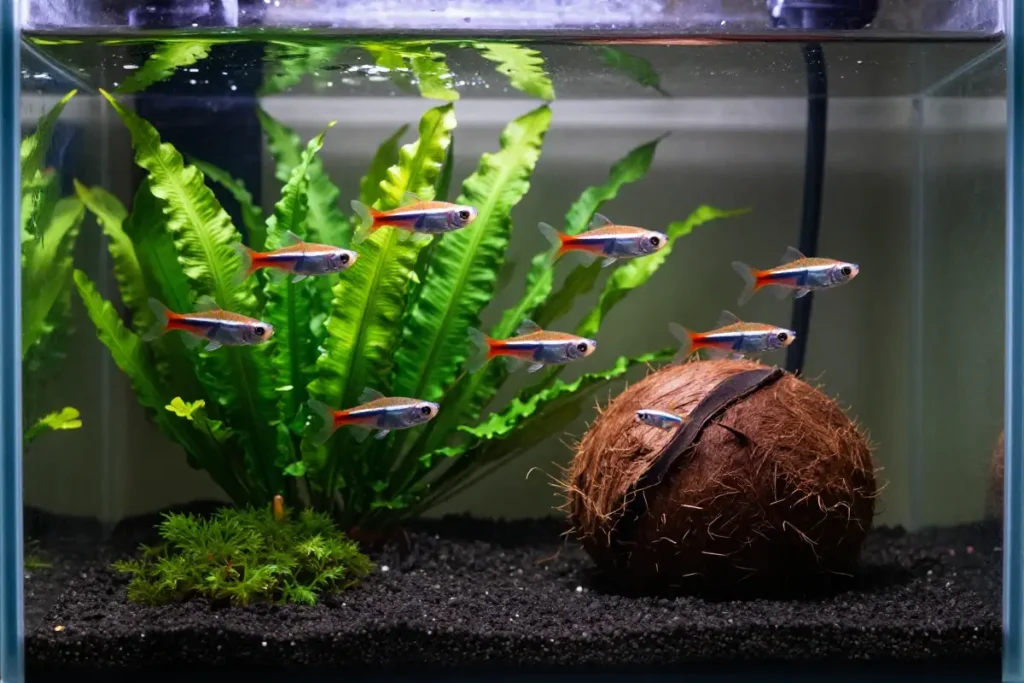 acuario de 40 litros con guppies nadando entre plantas de java fern y huso de coco, fondo de arena oscura y musgo flotante, reflejos suaves en el agua