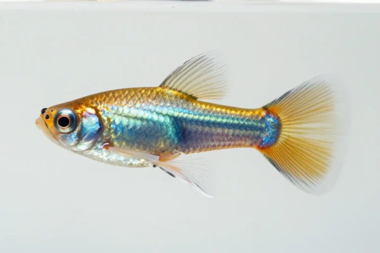 Guppy: El pez millón ideal para iniciarse en la acuariofilia 3 pez guppy macho con aletas iridiscentes en tonos dorado, azul y plata, fondo blanco suave, detalles de escamas y estructura de aletas visibles