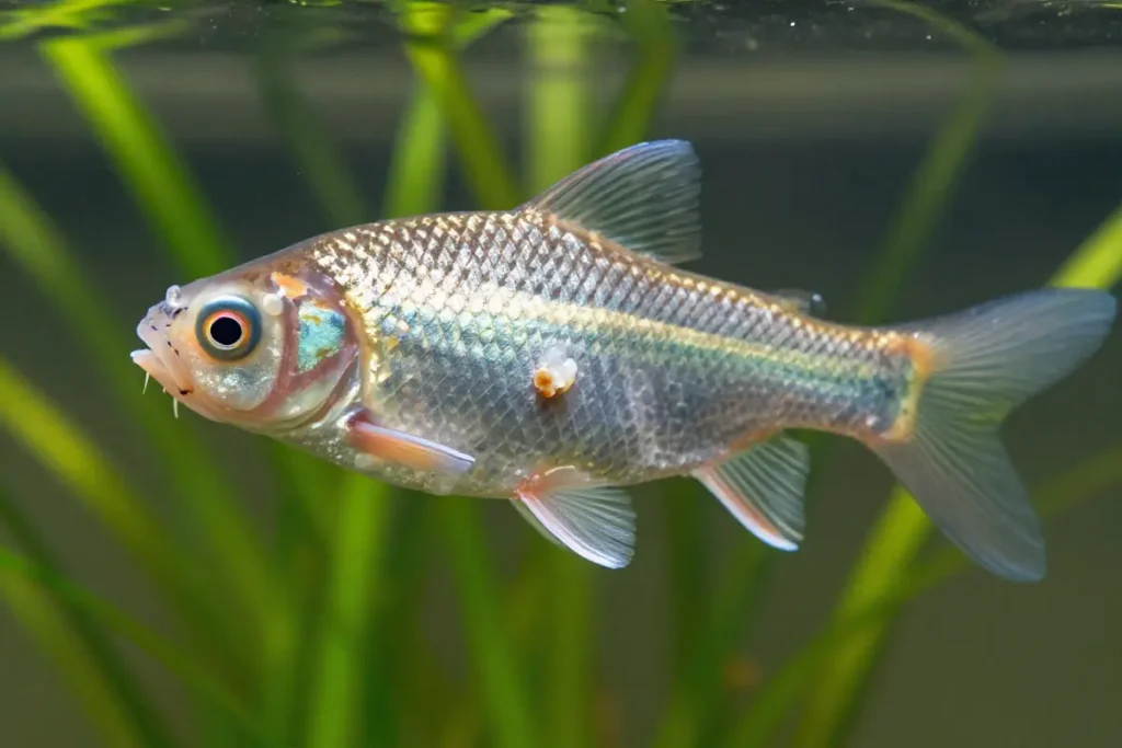 pez con lesiones en la cabeza y aletas dañadas mostrando manchas blancas y abdomen hinchado en un acuario con plantas