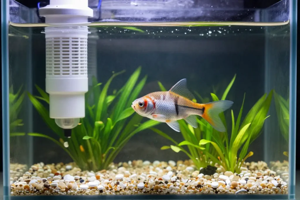 acuario de cuarentena con calentador, filtro y medicamentos en el agua mostrando un pez con lesiones en la cabeza y aletas dañadas