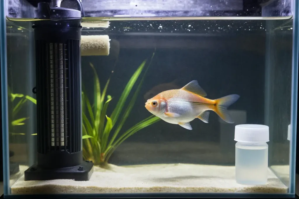 acuario de cuarentena con calentador, filtro de espuma y medicación en el agua, pez enfermo en primer plano con barriga hinchada