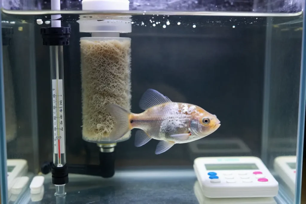 Acuario de cuarentena con filtro de espuma, calentador y tabletas de medicación en el agua, mostrando un pez con capas algodonosas blancas en el cuerpo