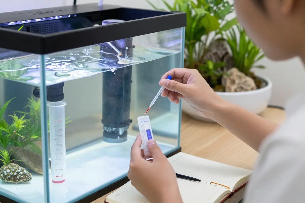 Persona realizando el cambio de agua en un acuario de peces de agua fría, mostrando el sistema de filtración y plantas acuáticas
