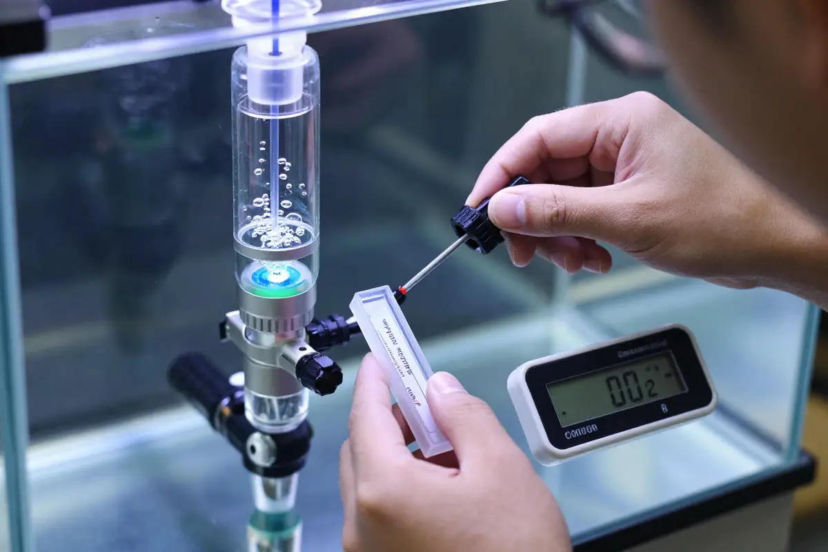 Persona ajustando difusor de CO2 en acuario, mostrando burbujas y medidor digital de niveles de CO2
