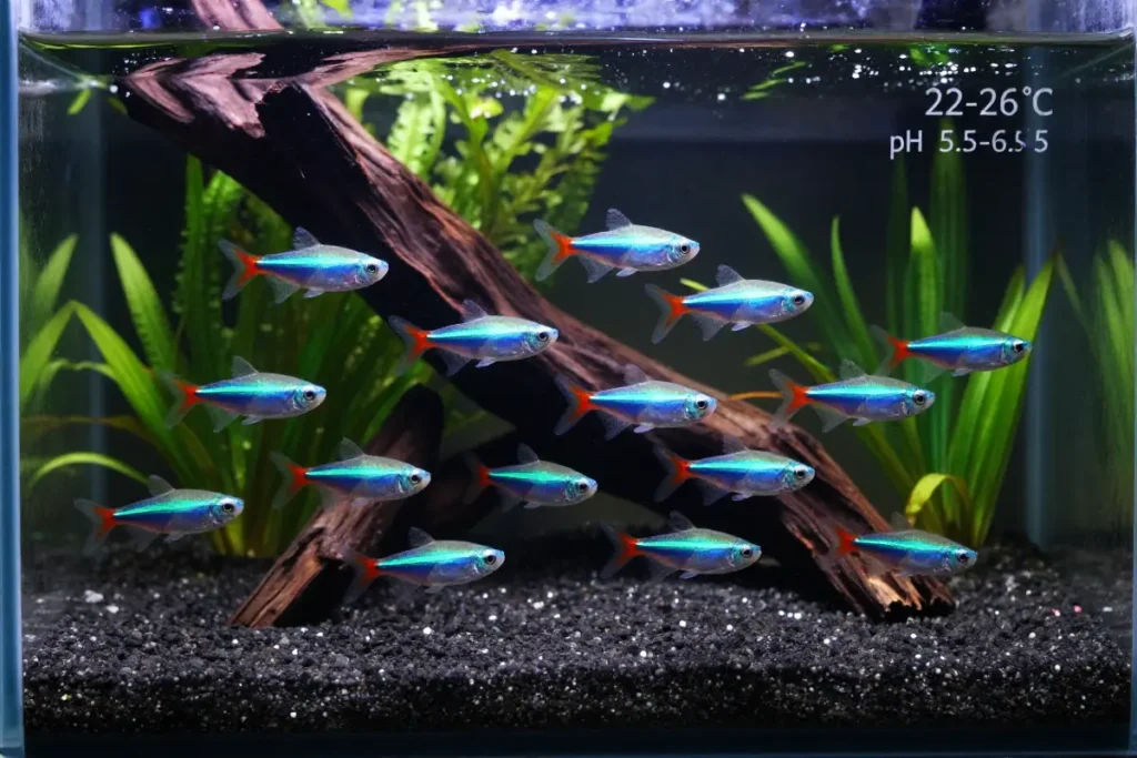 pejerrey neon tetra paracheirodon innesi nadando en acuario con sustrato de arena oscura, musgo flotante y hojas de java, mostrando comportamiento de escuela y parametros de agua 22-26 grados pH 5.5-6.5