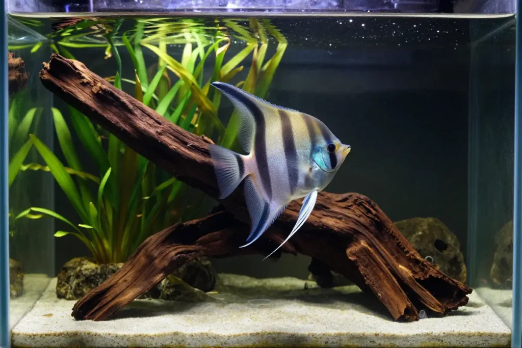 pez angel nadando en acuario con plantas tropicales, lecho de arena y decoración de raíces de madera, mostrando su comportamiento natural en agua clara a 25 grados