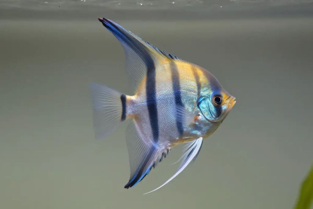 pez angel pterophyllum scalare en posición frontal con aletas extendidas, mostrando su forma alargada y coloraciones azules y doradas en fondo acuático neutro