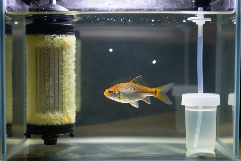 acuario de cuarentena con calentador, filtro y tabletas medicinales en el agua