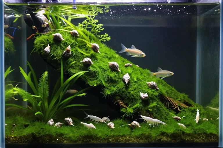 Acuario con peces y invertebrados especializados comiendo algas. Sistema de control biologico natural. Ambiente dinamico y equilibrado.