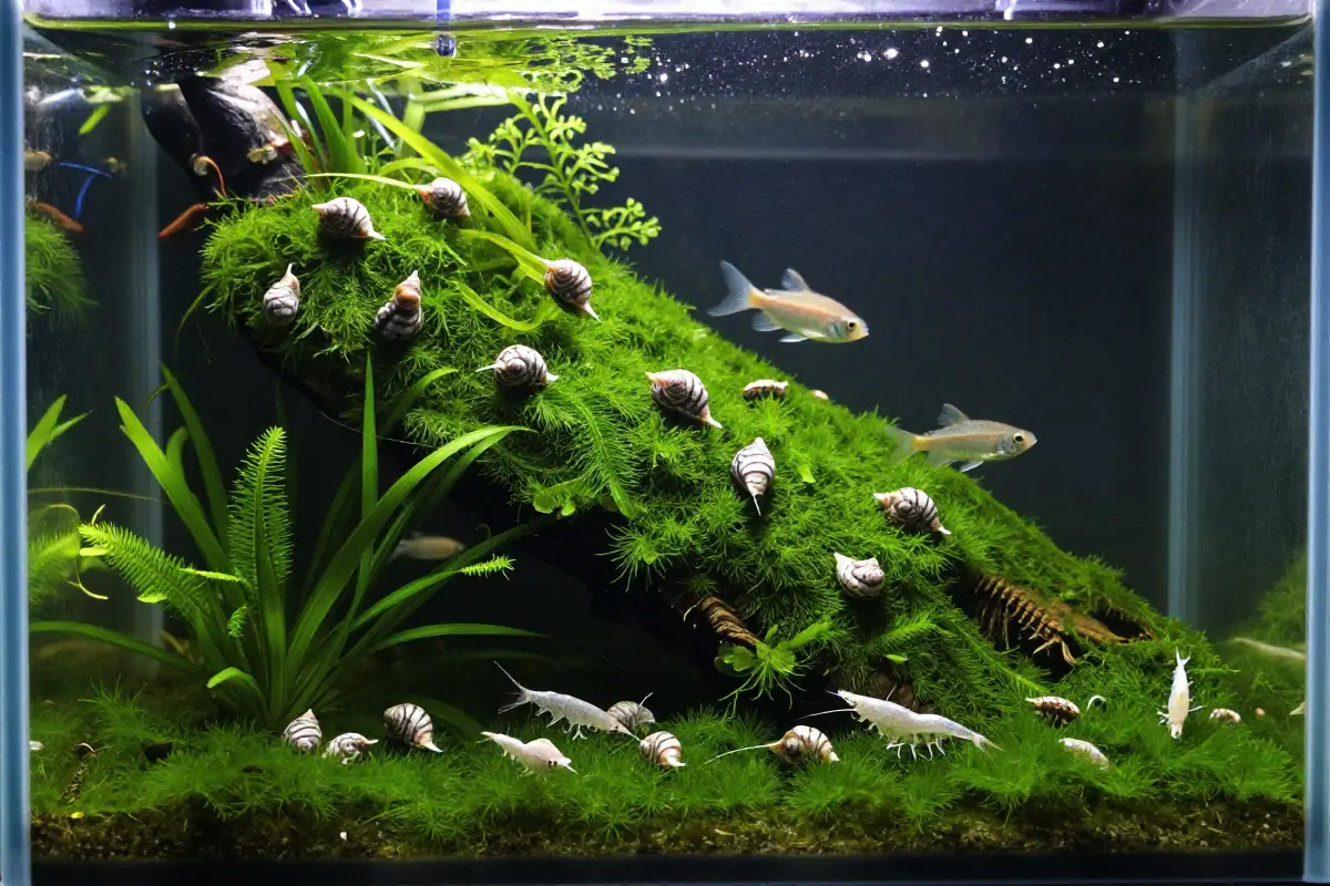 Acuario con peces y invertebrados especializados comiendo algas. Sistema de control biologico natural. Ambiente dinamico y equilibrado.
