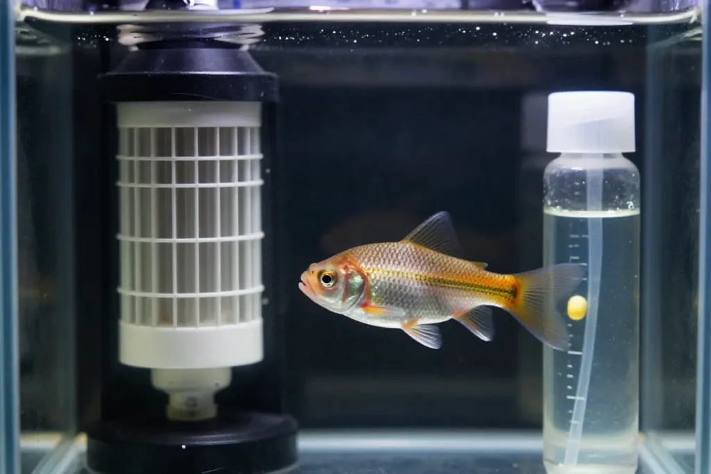 acuario de cuarentena con calentador, filtro y medicamentos en el agua, muestra un pez con manchas blancas en la boca y aletas dañadas