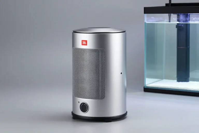 Calentador JBL ProTemp S 100 en un fondo neutro, mostrando su diseño cilíndrico, acabado metálico y detalles de protección anti-quemadura en un acuario de 160 litros