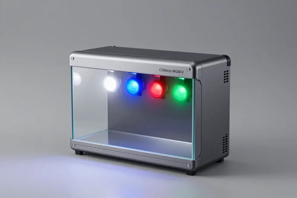 Iluminación LED Chihiros WRGB II para acuario plantado, mostrando el sistema de luces con cuatro colores (blanco, azul, rojo y verde) distribuidos en una disposición lineal. El diseño compacto tiene una visera de espejo que distribuye la luz uniformemente sobre un fondo neutro, resaltando su acabado metálico y la ausencia de marcas comerciales.