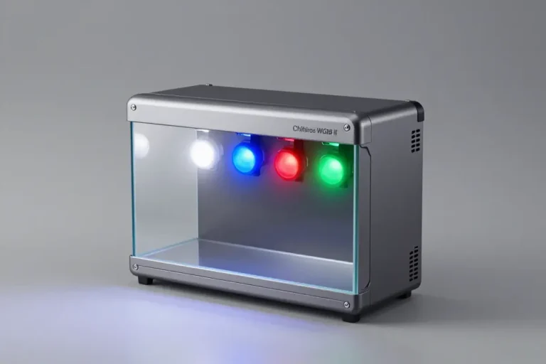Iluminación LED Chihiros WRGB II para acuario plantado, mostrando el sistema de luces con cuatro colores (blanco, azul, rojo y verde) distribuidos en una disposición lineal. El diseño compacto tiene una visera de espejo que distribuye la luz uniformemente sobre un fondo neutro, resaltando su acabado metálico y la ausencia de marcas comerciales.
