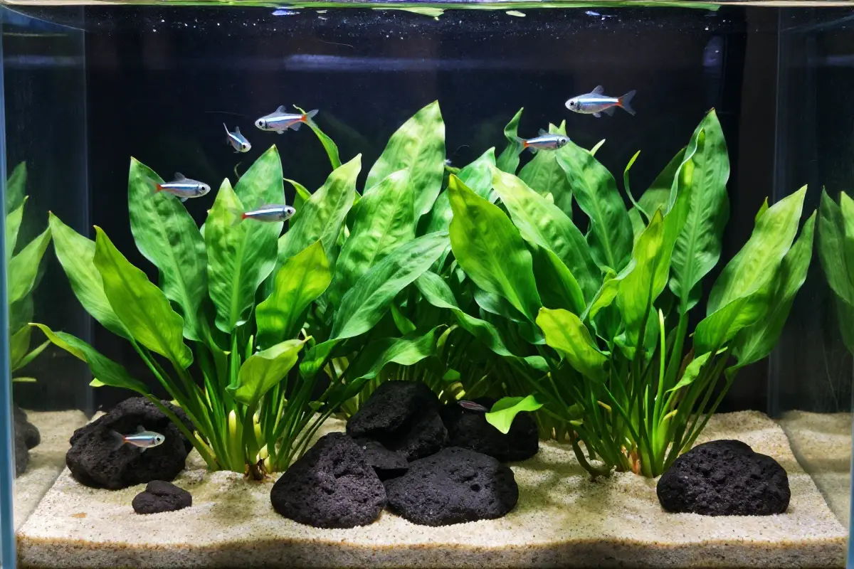 Cryptocoryne wendtii en acuario con sustrato de arena, rocas volcánicas y tetras neon en fondo oscuro