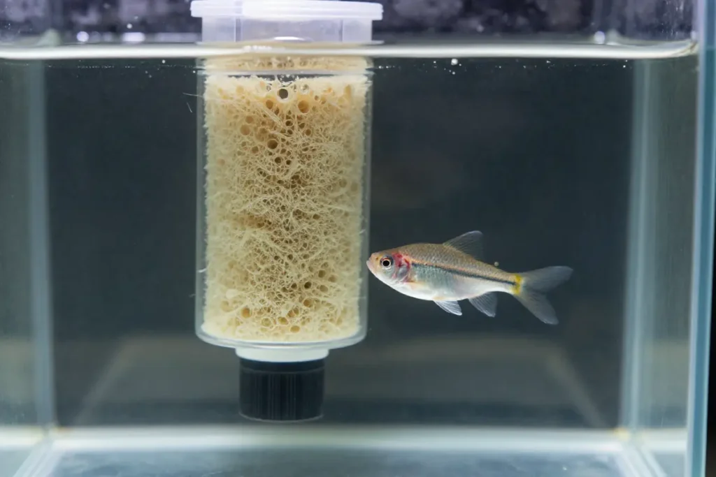 Acuario de cuarentena con calentador, filtro y medicación en el agua, mostrando un pez con síntomas de terciopelo en tratamiento