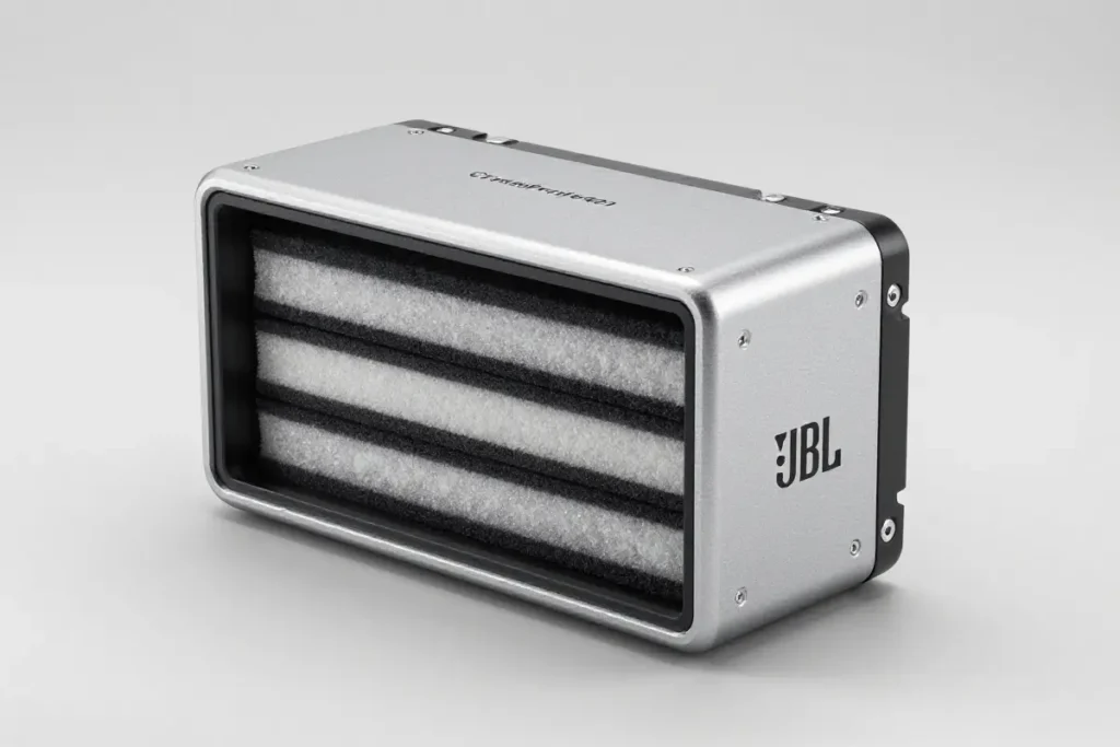 Filtro externo JBL CristalProfi e401 mostrando su diseño industrial de acero inoxidable con tres capas de esponja de filtración (10 ppi, 20 ppi, 30 ppi) en una sala de estudio con iluminación suave, destacando su tamaño compacto de 18 x 21 x 28,4 cm y su sistema de depuración multiestadio