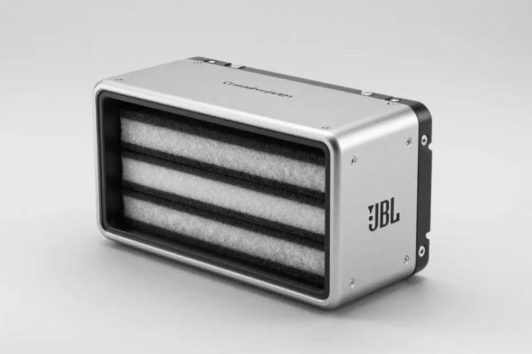 Filtro externo JBL CristalProfi e401 mostrando su diseño industrial de acero inoxidable con tres capas de esponja de filtración (10 ppi, 20 ppi, 30 ppi) en una sala de estudio con iluminación suave, destacando su tamaño compacto de 18 x 21 x 28,4 cm y su sistema de depuración multiestadio