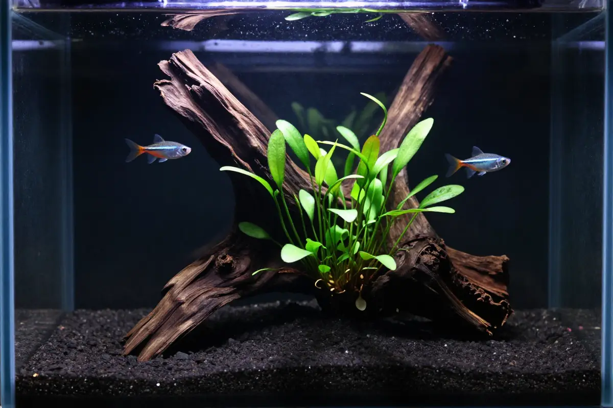 Helecho de Java (Microsorum pteropus) fijado a madera flotante en acuario con fondo oscuro y peces ilustrativos en movimiento