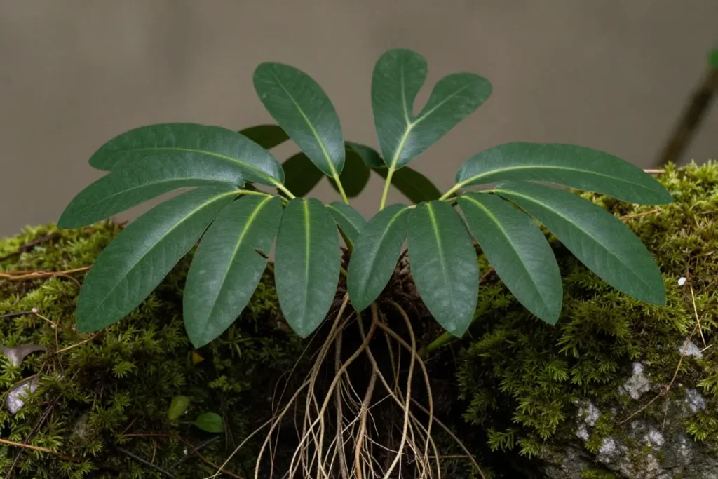 Helecho de Java (Microsorum pteropus) en entorno natural con hojas lanceoladas oscuras y raíces delgadas sobre rocas cubiertas de musgo