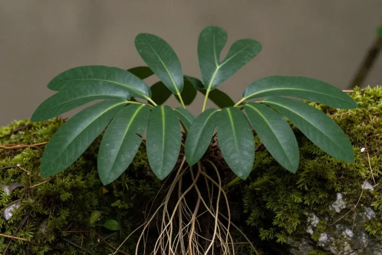 Helecho de Java (Microsorum pteropus) en entorno natural con hojas lanceoladas oscuras y raíces delgadas sobre rocas cubiertas de musgo