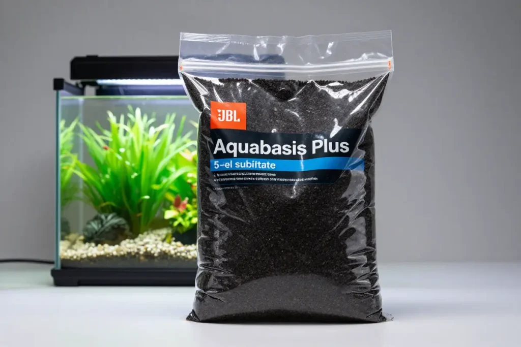 Sustrato nutritivo JBL Aquabasis Plus de 5 litros en bolsa, mostrando el producto en un fondo de acuario con plantas acuáticas, iluminación adecuada para destacar los detalles del sustrato