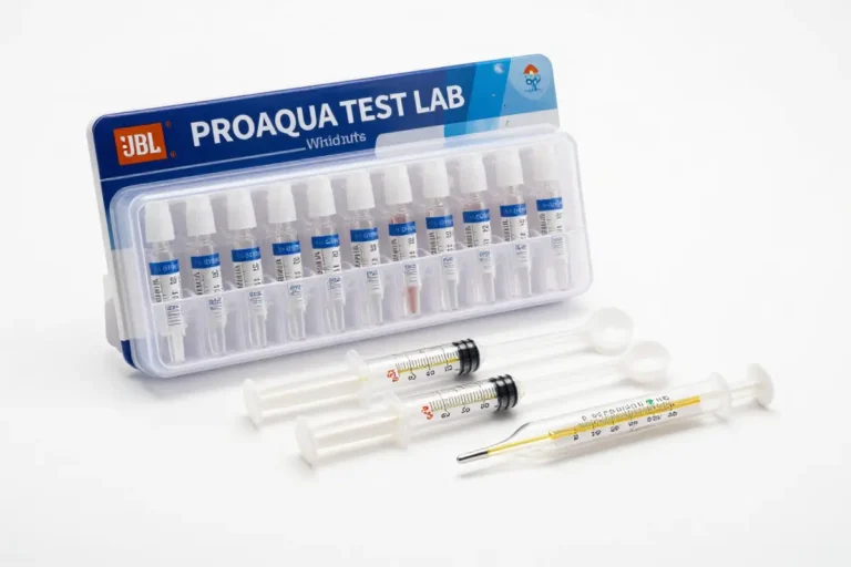Imagen del kit JBL PROAQUA TEST LAB mostrando 13 frascos de reactivos, 12 cubetas cristalinas, dos jeringas, tres cucharas dosificadoras y un termómetro sobre fondo blanco con iluminación suave