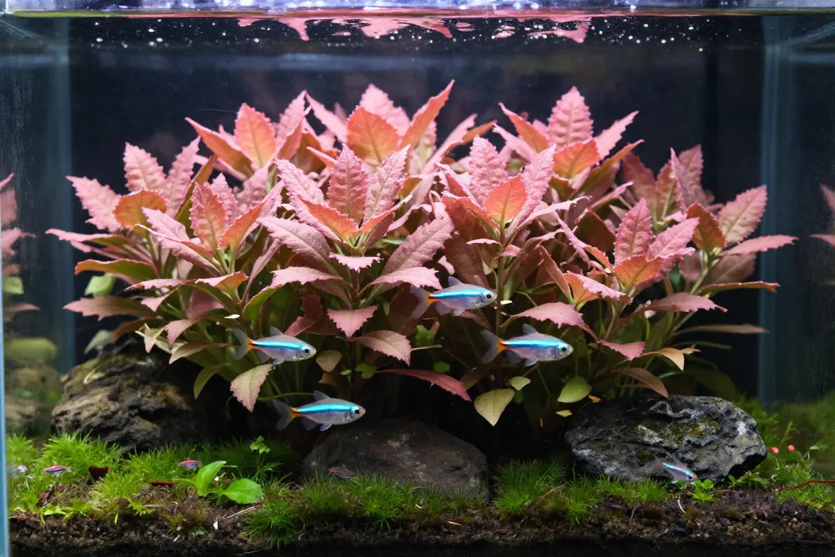 Acuario con Rotala rotundifolia formando densos macizos rojizos en el medio fondo, junto a musgo y tetras neon en agua clara