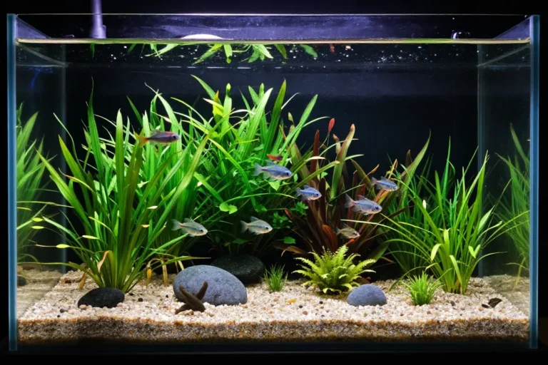 Acuario con arena, grava y sustrato nutritivo, plantas acuáticas saludables y peces nadando en el agua