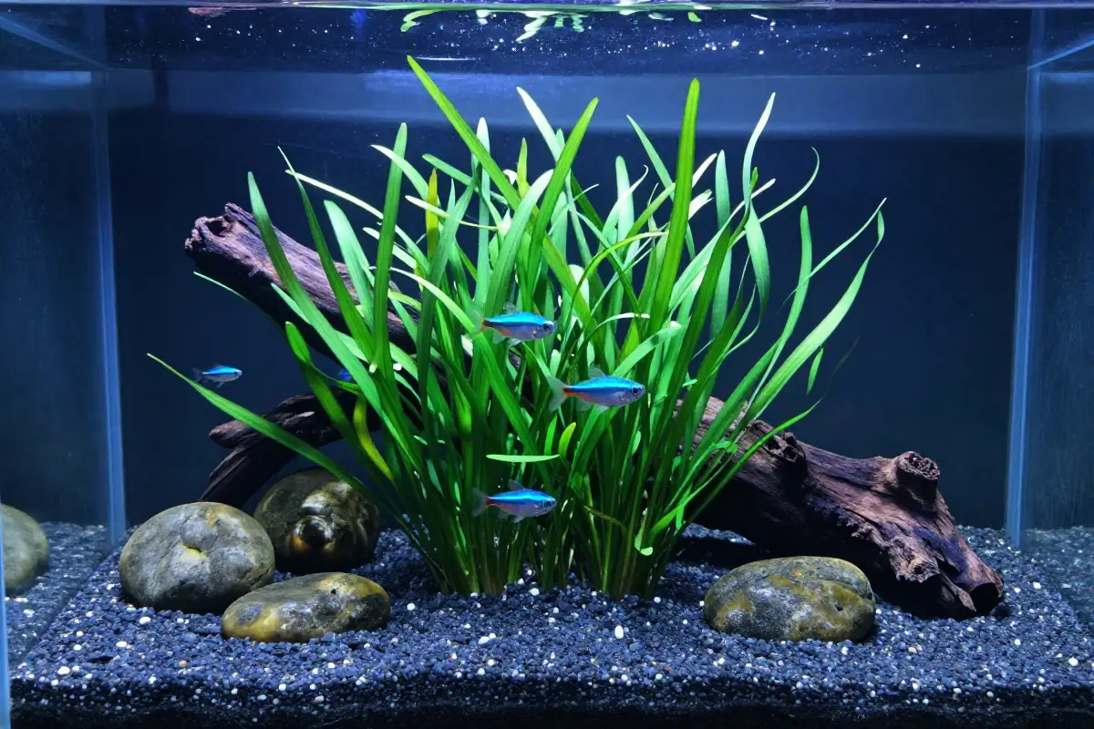 Vallisneria spiralis en acuario con fondo de arena oscura, rocas y raíces de árbol, acompañada de peces neon tetras en un ambiente naturalista